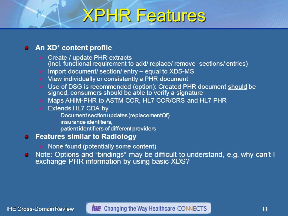 IHE Cross-Domain Review 11 XPHR Features An XD* content profile  Create / update PHR extracts (incl.