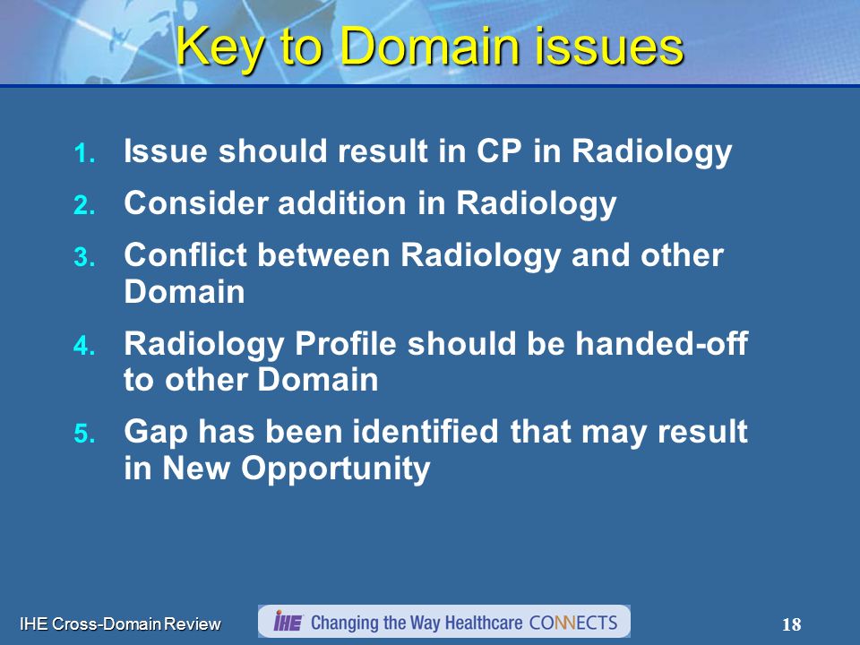 IHE Cross-Domain Review 18 Key to Domain issues 1.