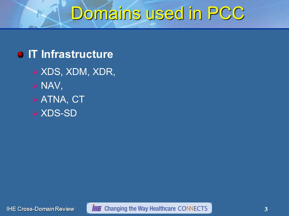 IHE Cross-Domain Review 3 Domains used in PCC IT Infrastructure  XDS, XDM, XDR,  NAV,  ATNA, CT  XDS-SD