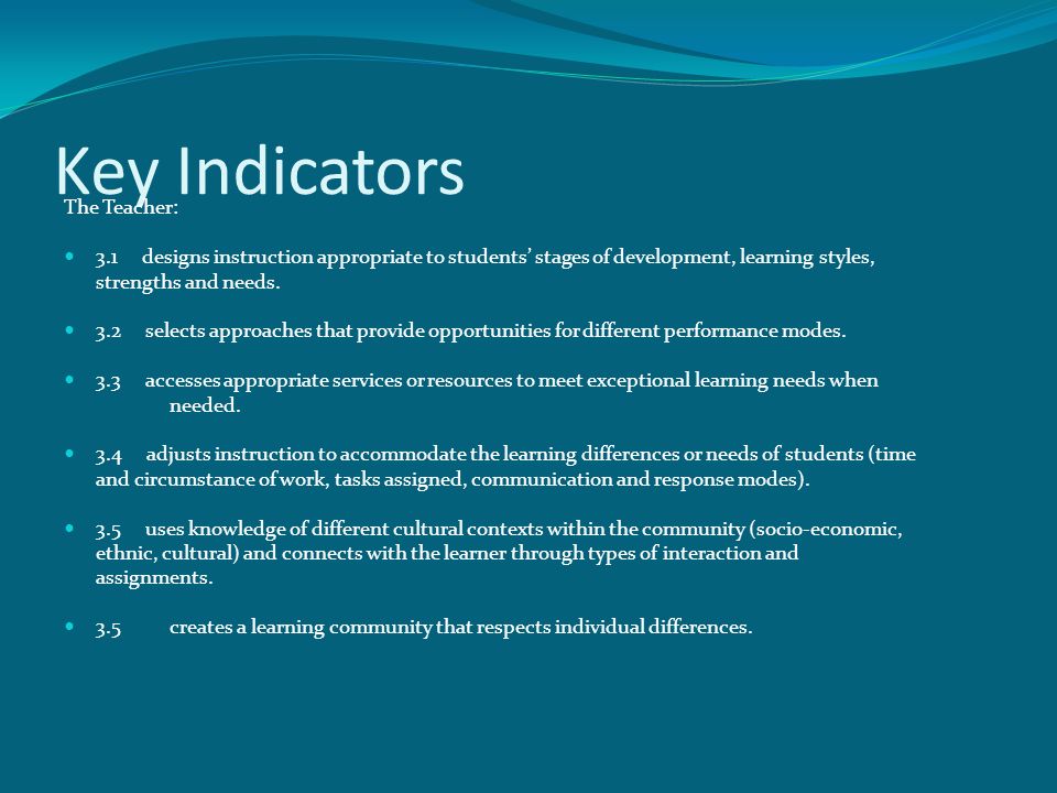 Key Indicators The Teacher: 3.1 designs instruction appropriate to students’ stages of development, learning styles, strengths and needs.