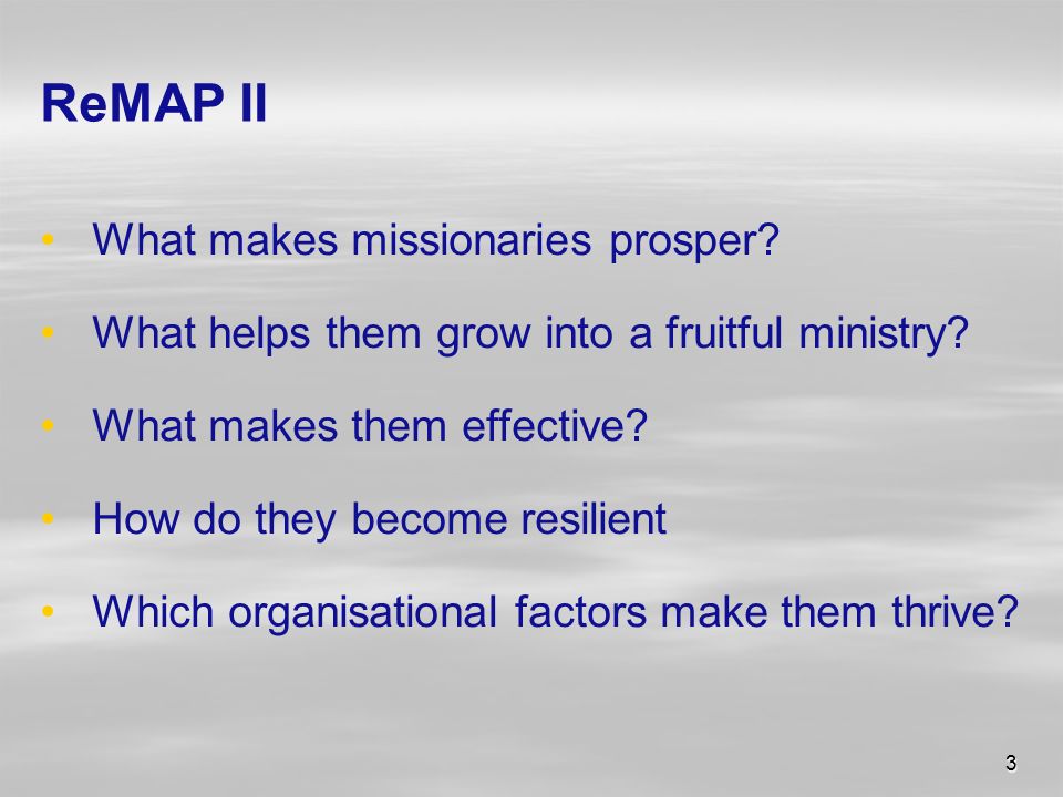 3 ReMAP II What makes missionaries prosper. What helps them grow into a fruitful ministry.