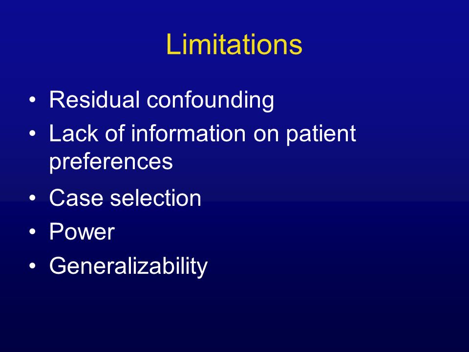 Limitations Residual confounding Lack of information on patient preferences Case selection Power Generalizability