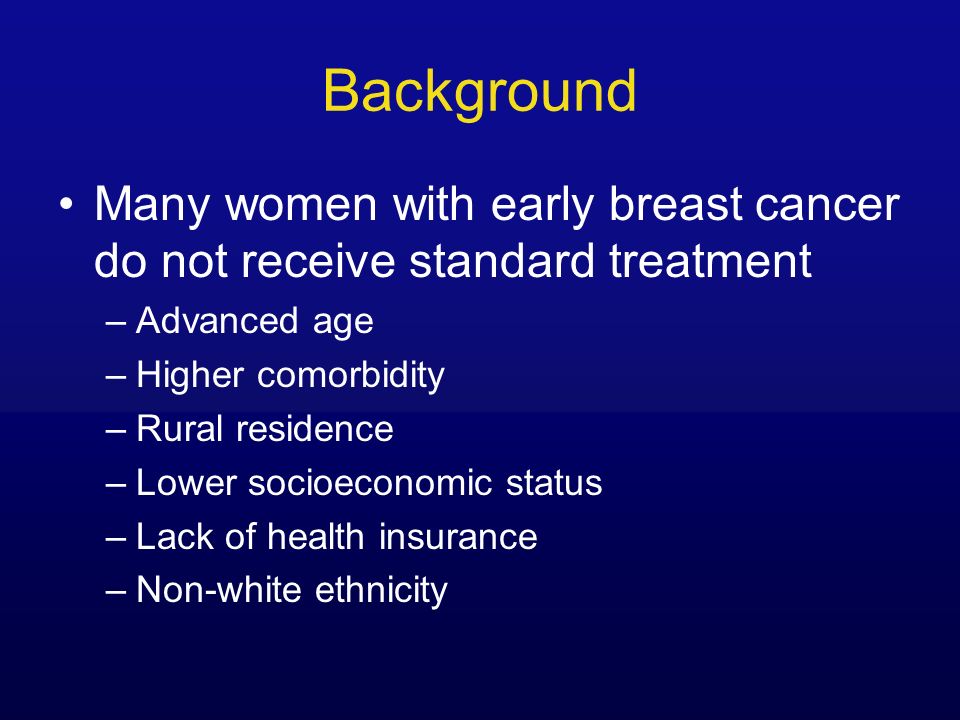 Background Many women with early breast cancer do not receive standard treatment –Advanced age –Higher comorbidity –Rural residence –Lower socioeconomic status –Lack of health insurance –Non-white ethnicity