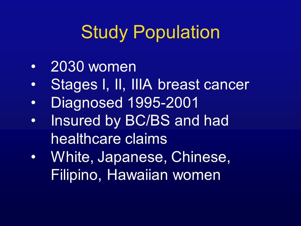 Study Population 2030 women Stages I, II, IIIA breast cancer Diagnosed Insured by BC/BS and had healthcare claims White, Japanese, Chinese, Filipino, Hawaiian women