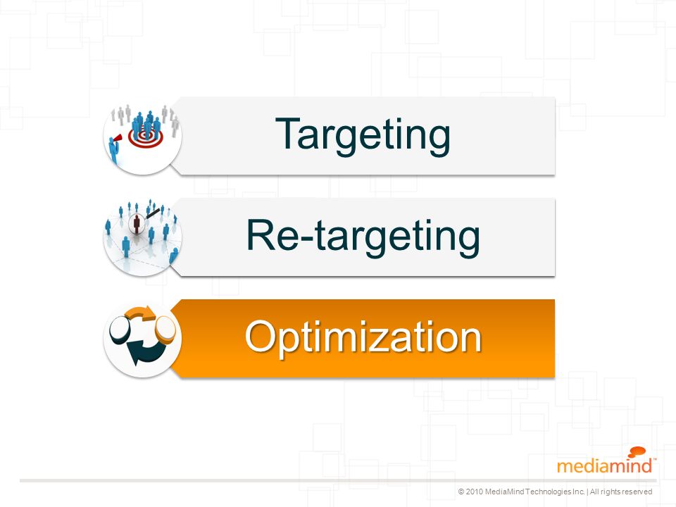 © 2010 MediaMind Technologies Inc. | All rights reserved Targeting Re-targeting Optimization
