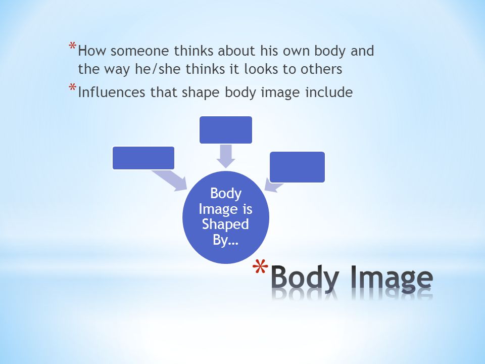 * How someone thinks about his own body and the way he/she thinks it looks to others * Influences that shape body image include Body Image is Shaped By…
