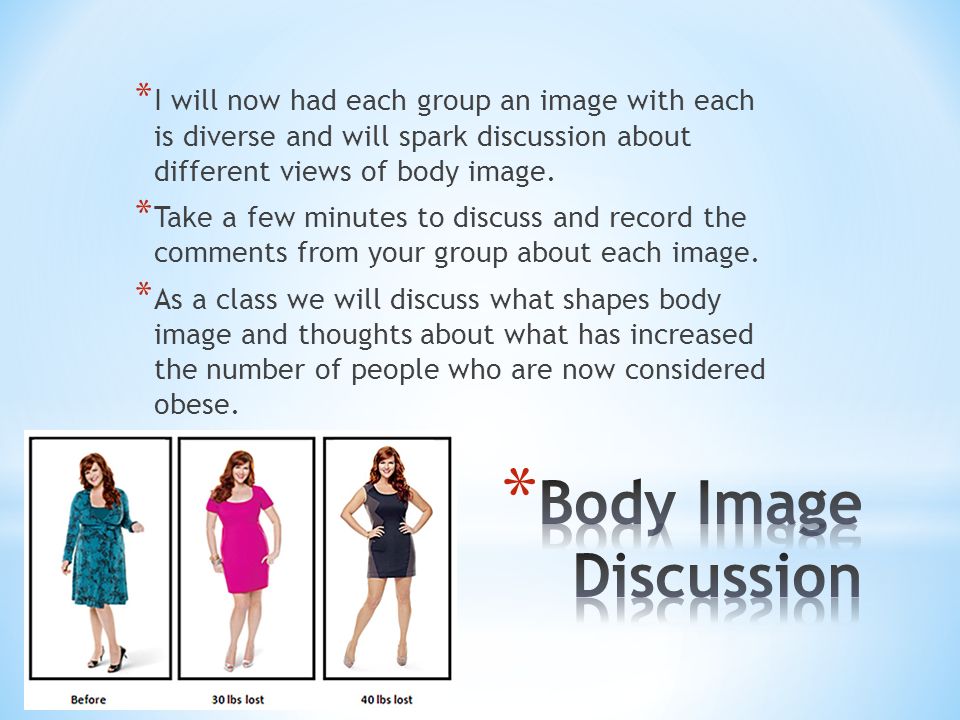 * I will now had each group an image with each is diverse and will spark discussion about different views of body image.