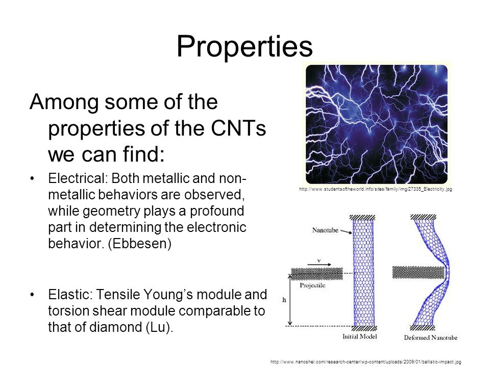 Properties Among some of the properties of the CNTs we can find: Electrical: Both metallic and non- metallic behaviors are observed, while geometry plays a profound part in determining the electronic behavior.
