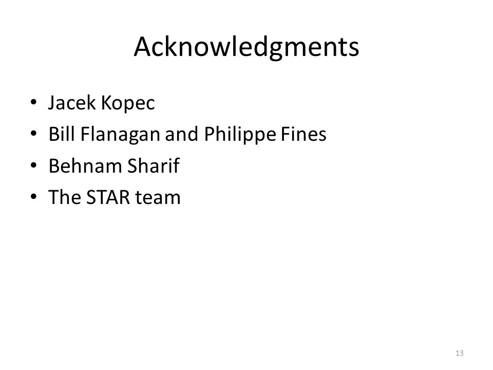 Acknowledgments Jacek Kopec Bill Flanagan and Philippe Fines Behnam Sharif The STAR team 13