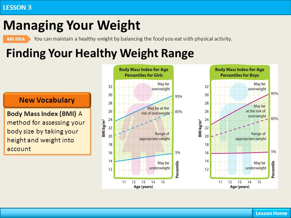 Finding Your Healthy Weight Range LESSON 3 Managing Your Weight BIG IDEA You can maintain a healthy weight by balancing the food you eat with physical activity.