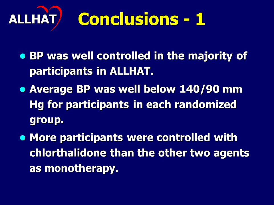 Conclusions - 1 BP was well controlled in the majority of participants in ALLHAT.
