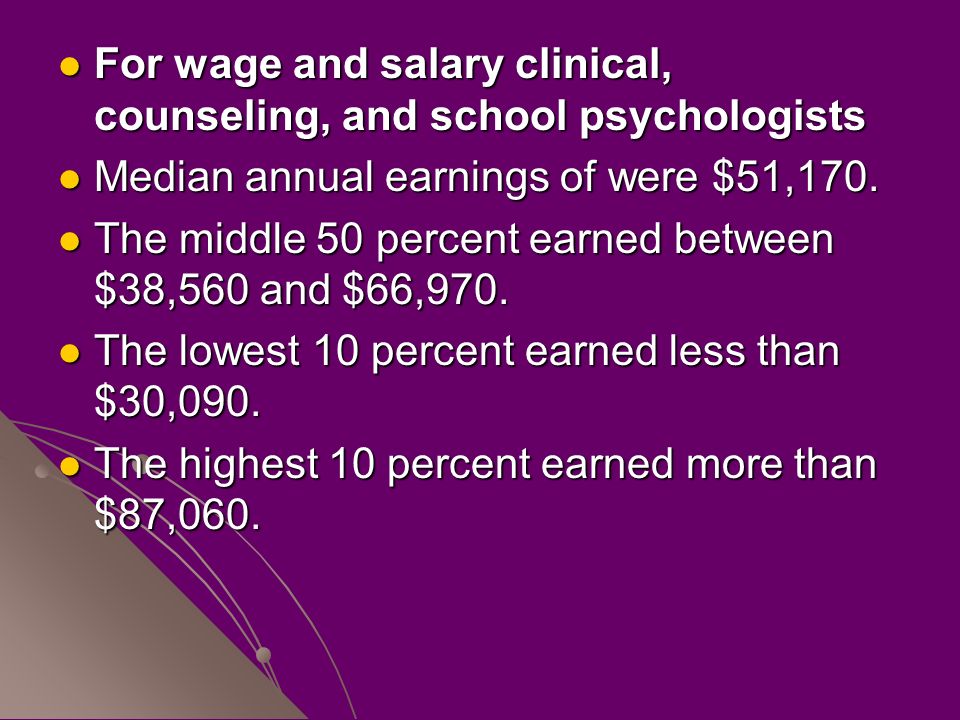For wage and salary clinical, counseling, and school psychologists For wage and salary clinical, counseling, and school psychologists Median annual earnings of were $51,170.