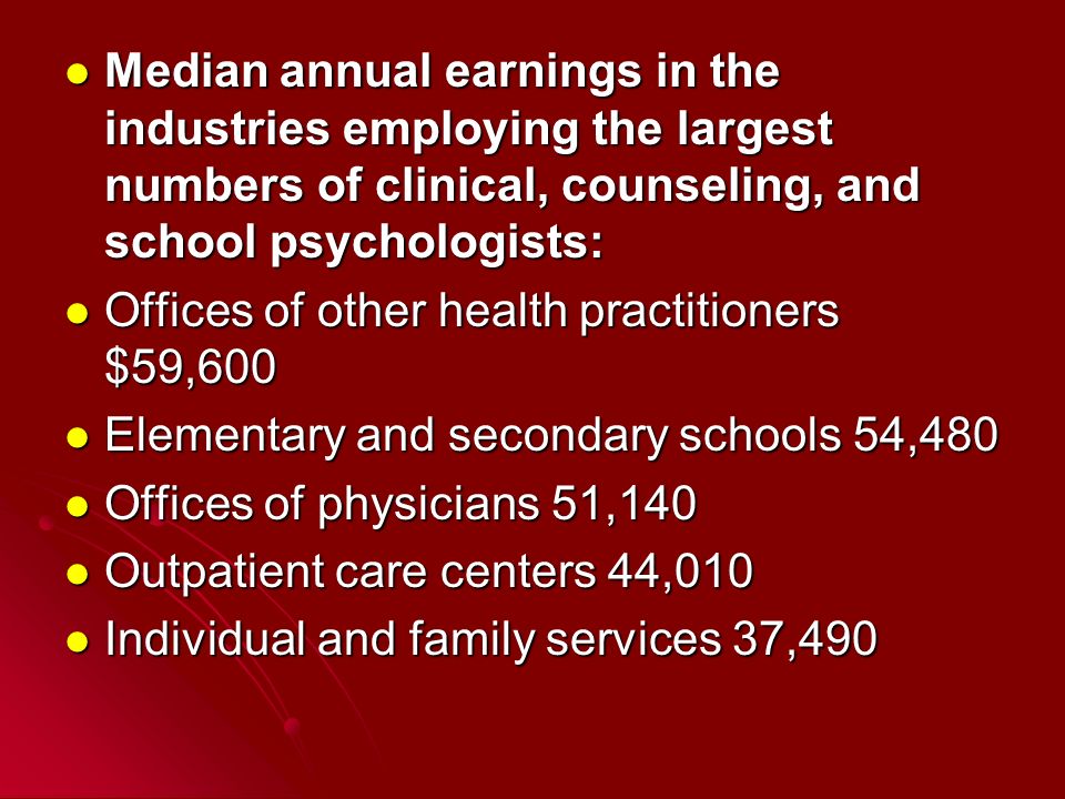Median annual earnings in the industries employing the largest numbers of clinical, counseling, and school psychologists: Median annual earnings in the industries employing the largest numbers of clinical, counseling, and school psychologists: Offices of other health practitioners $59,600 Offices of other health practitioners $59,600 Elementary and secondary schools 54,480 Elementary and secondary schools 54,480 Offices of physicians 51,140 Offices of physicians 51,140 Outpatient care centers 44,010 Outpatient care centers 44,010 Individual and family services 37,490 Individual and family services 37,490