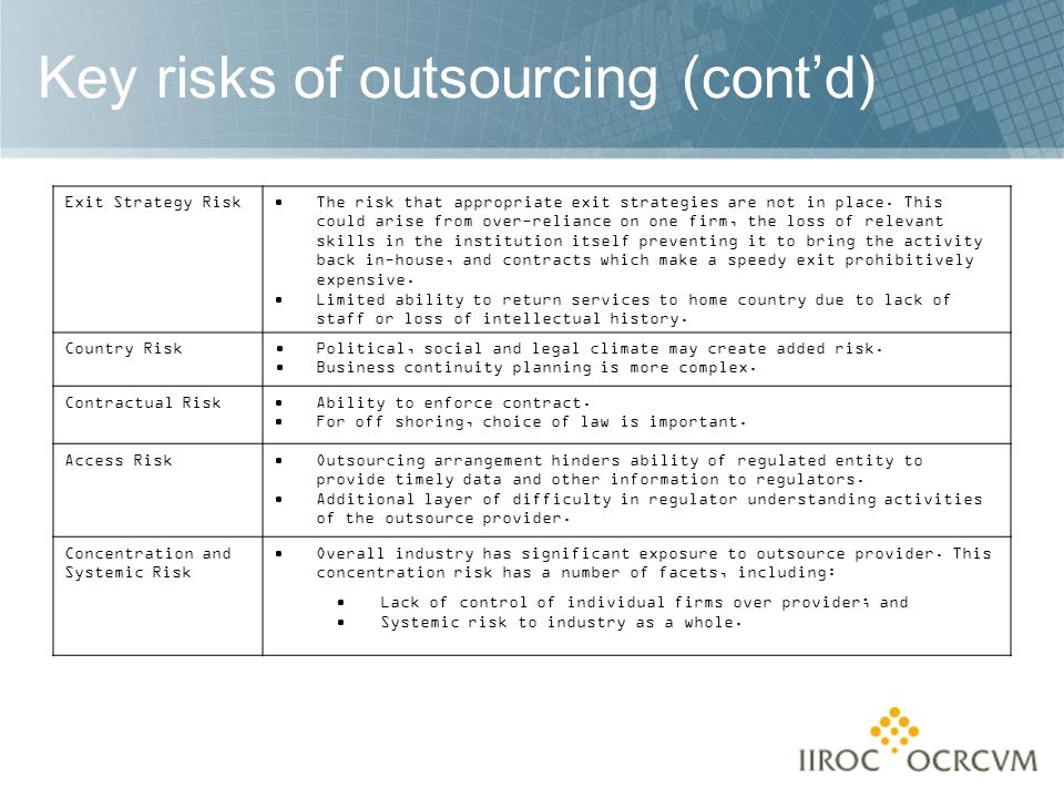 Key risks of outsourcing (cont’d) Exit Strategy Risk The risk that appropriate exit strategies are not in place.