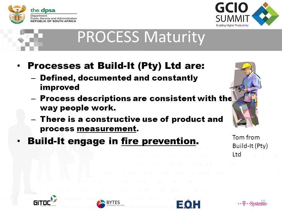 PROCESS Maturity 10 Processes at Build-It (Pty) Ltd are: – Defined, documented and constantly improved – Process descriptions are consistent with the way people work.
