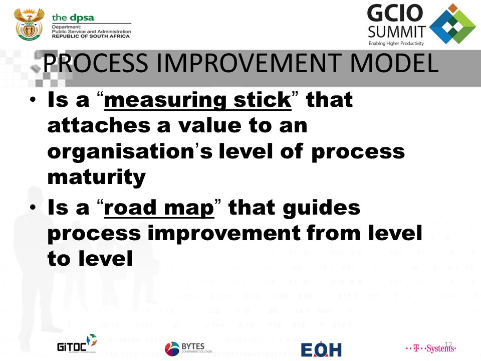 PROCESS IMPROVEMENT MODEL 12 Is a measuring stick that attaches a value to an organisation’s level of process maturity Is a road map that guides process improvement from level to level