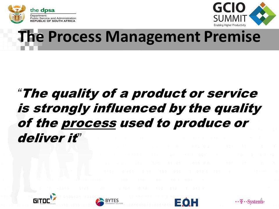 The Process Management Premise The quality of a product or service is strongly influenced by the quality of the process used to produce or deliver it 4