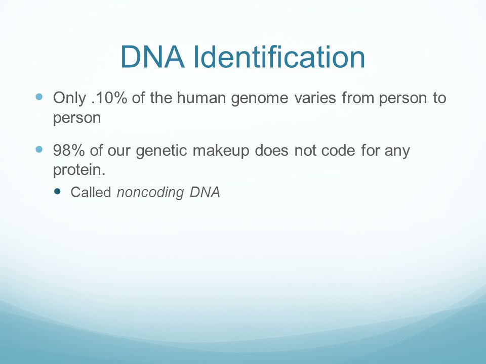 DNA Identification Only.10% of the human genome varies from person to person 98% of our genetic makeup does not code for any protein.