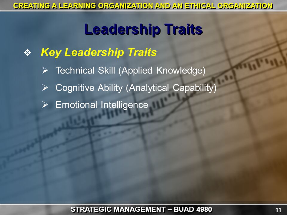 11 CREATING A LEARNING ORGANIZATION AND AN ETHICAL ORGANIZATION  Key Leadership Traits  Technical Skill (Applied Knowledge)  Cognitive Ability (Analytical Capability)  Emotional Intelligence Leadership Traits STRATEGIC MANAGEMENT – BUAD 4980