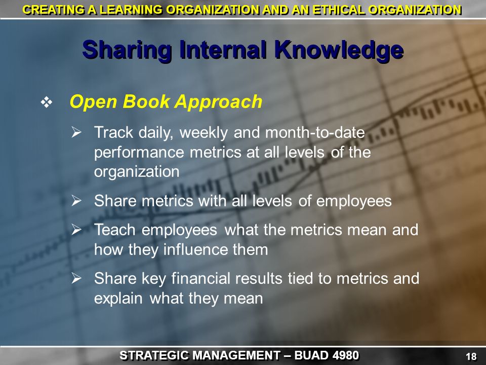18 CREATING A LEARNING ORGANIZATION AND AN ETHICAL ORGANIZATION  Open Book Approach  Track daily, weekly and month-to-date performance metrics at all levels of the organization  Share metrics with all levels of employees  Teach employees what the metrics mean and how they influence them  Share key financial results tied to metrics and explain what they mean Sharing Internal Knowledge STRATEGIC MANAGEMENT – BUAD 4980