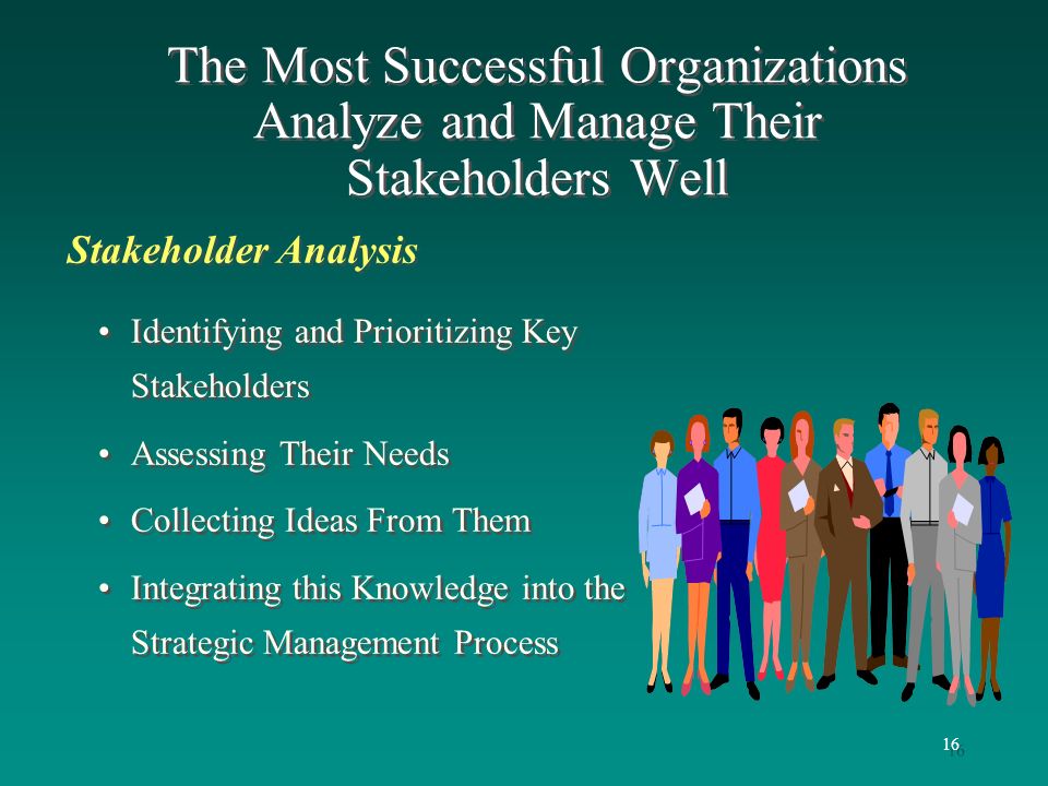 16 Identifying and Prioritizing Key Stakeholders Assessing Their Needs Collecting Ideas From Them Integrating this Knowledge into the Strategic Management Process Identifying and Prioritizing Key Stakeholders Assessing Their Needs Collecting Ideas From Them Integrating this Knowledge into the Strategic Management Process The Most Successful Organizations Analyze and Manage Their Stakeholders Well Stakeholder Analysis