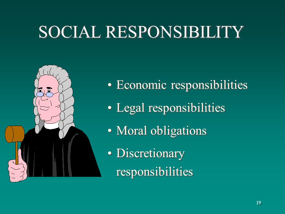 19 Economic responsibilities Legal responsibilities Moral obligations Discretionary responsibilities Economic responsibilities Legal responsibilities Moral obligations Discretionary responsibilities SOCIAL RESPONSIBILITY
