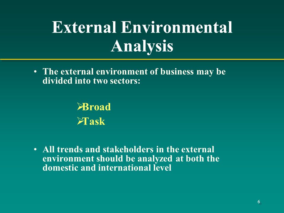6 External Environmental Analysis The external environment of business may be divided into two sectors:  Broad  Task All trends and stakeholders in the external environment should be analyzed at both the domestic and international level