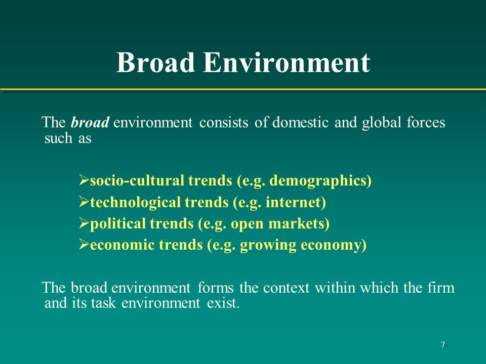 7 Broad Environment The broad environment consists of domestic and global forces such as  socio-cultural trends (e.g.