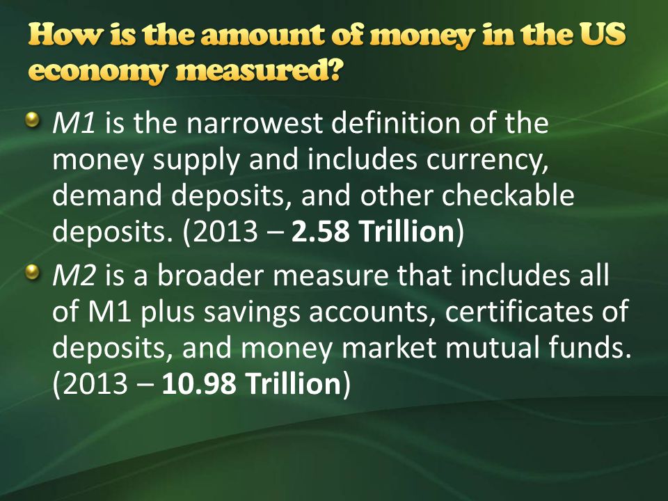 M1 is the narrowest definition of the money supply and includes currency, demand deposits, and other checkable deposits.