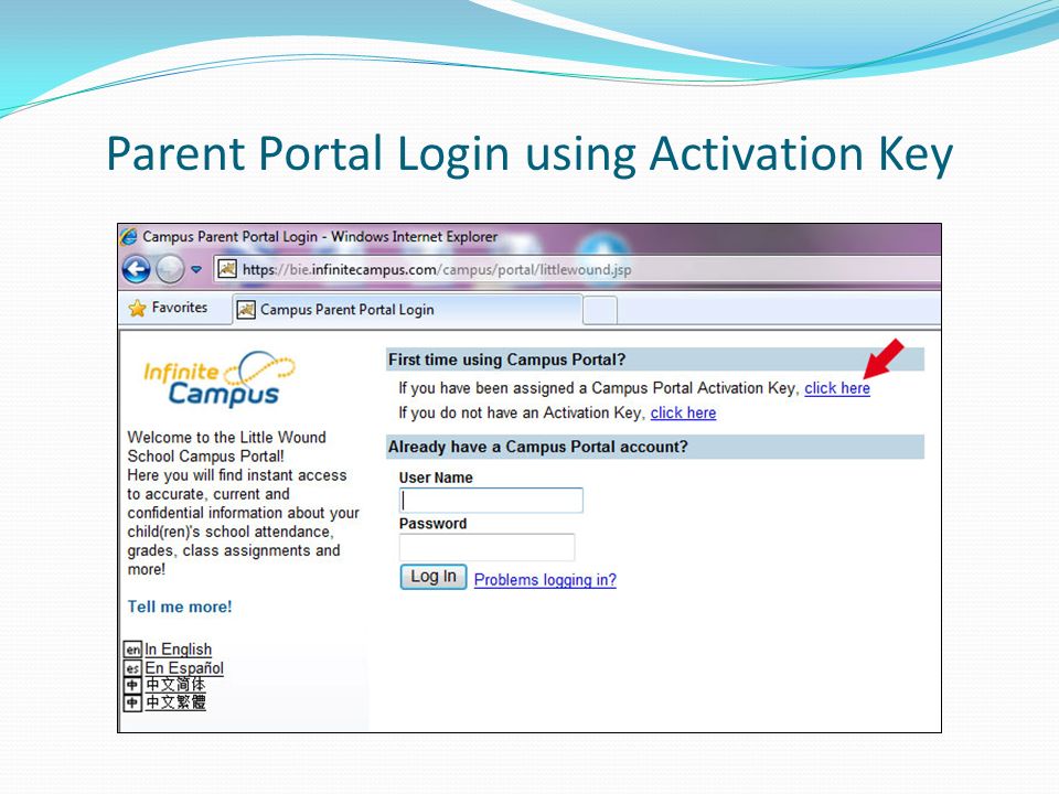 Parent Portal Login using Activation Key