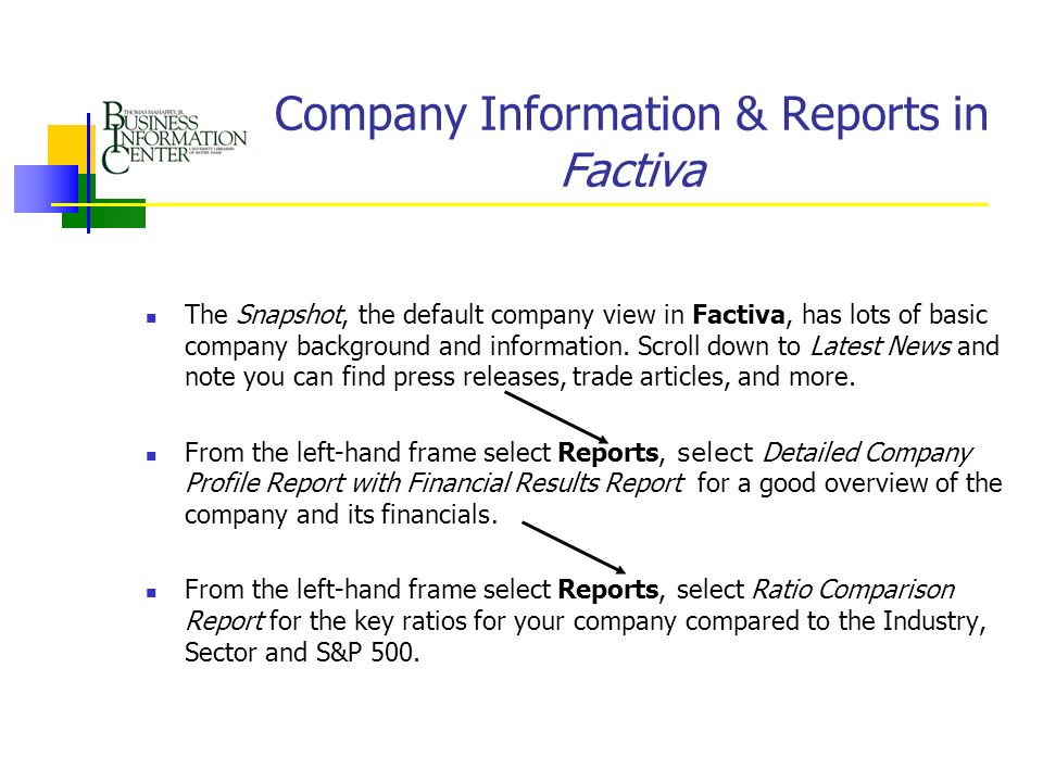 Company Information & Reports in Factiva The Snapshot, the default company view in Factiva, has lots of basic company background and information.