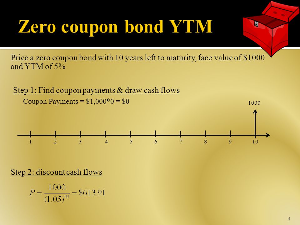 Price a zero coupon bond with 10 years left to maturity, face value of $1000 and YTM of 5% 4 Step 1: Find coupon payments & draw cash flows Coupon Payments = $1,000*0 = $0 Step 2: discount cash flows