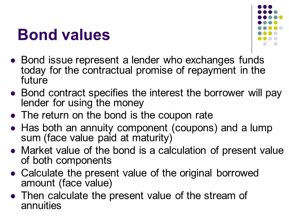 Bond values Bond issue represent a lender who exchanges funds today for the contractual promise of repayment in the future Bond contract specifies the interest the borrower will pay lender for using the money The return on the bond is the coupon rate Has both an annuity component (coupons) and a lump sum (face value paid at maturity) Market value of the bond is a calculation of present value of both components Calculate the present value of the original borrowed amount (face value) Then calculate the present value of the stream of annuities