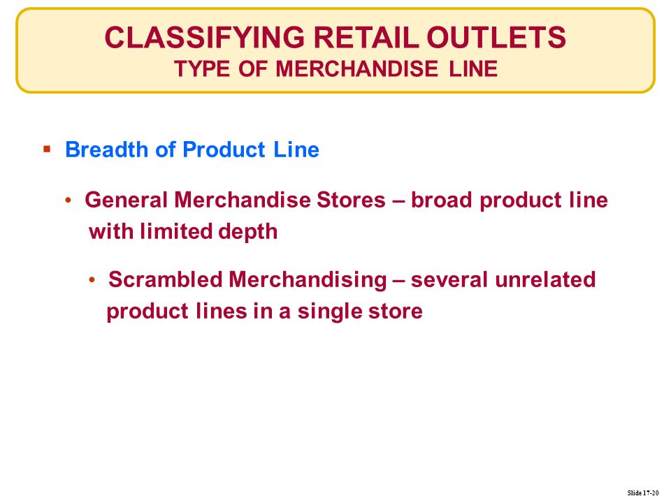 Slide  Breadth of Product Line Breadth of Product Line General Merchandise Stores – broad product line with limited depth Scrambled Merchandising – several unrelated product lines in a single store CLASSIFYING RETAIL OUTLETS TYPE OF MERCHANDISE LINE