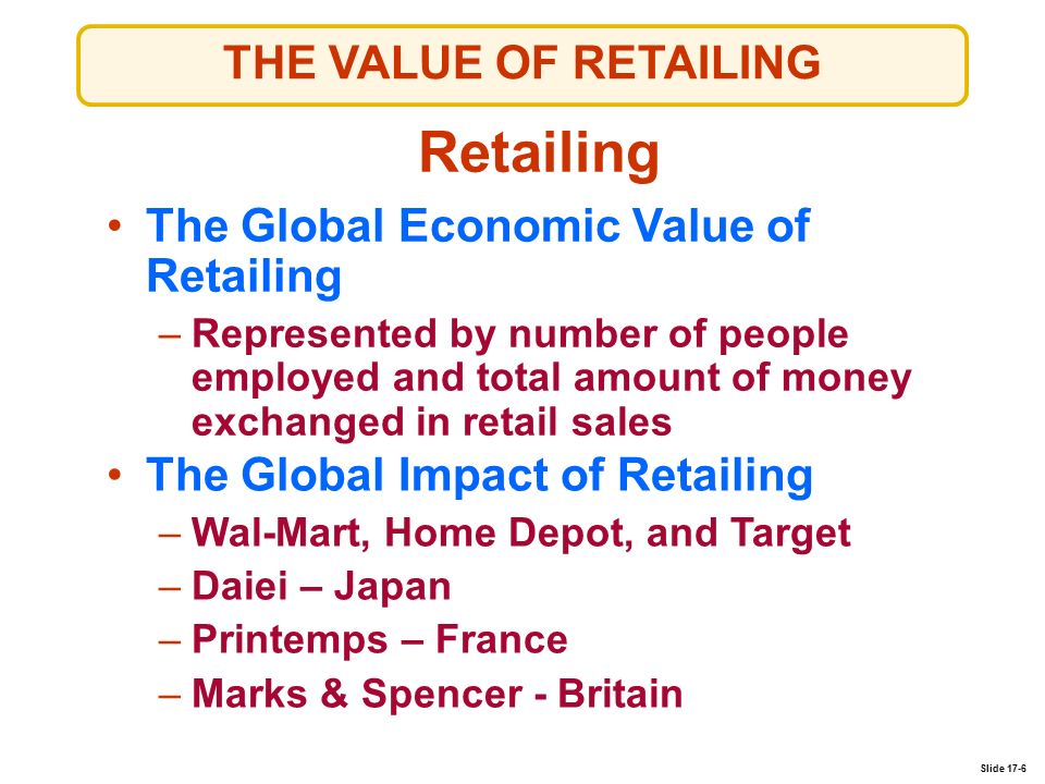 Slide 17-6 THE VALUE OF RETAILING Retailing The Global Economic Value of Retailing –Represented by number of people employed and total amount of money exchanged in retail sales The Global Impact of Retailing –Wal-Mart, Home Depot, and Target –Daiei – Japan –Printemps – France –Marks & Spencer - Britain