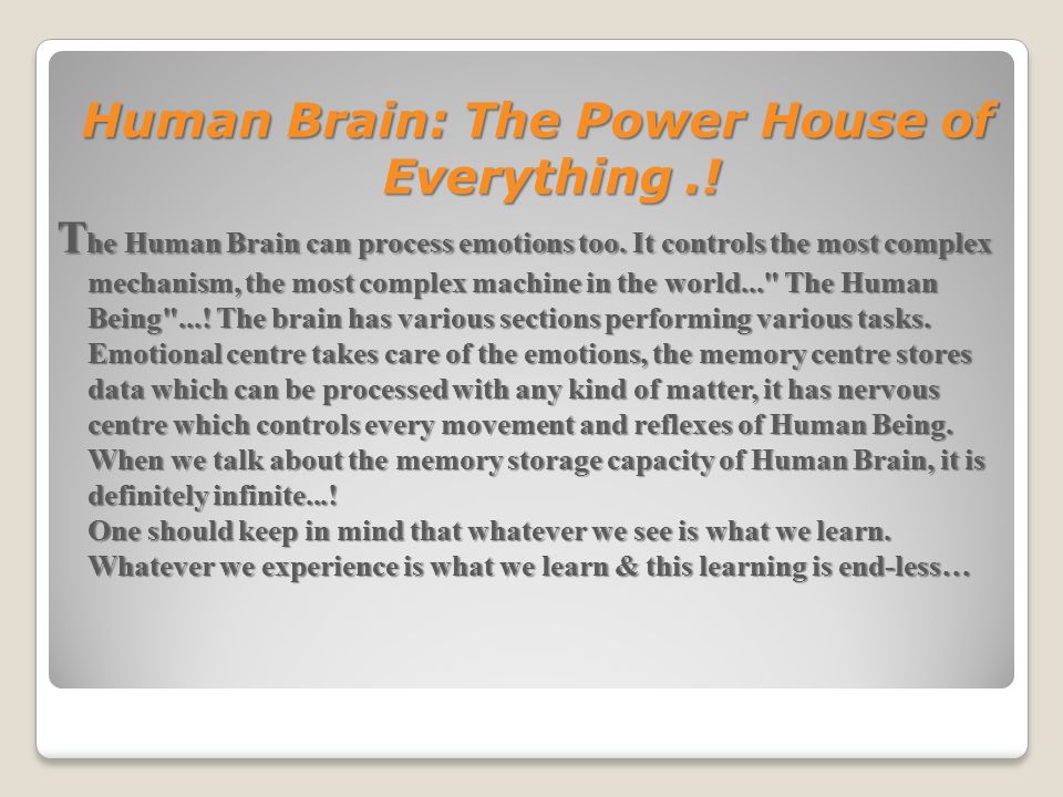 Human Brain: The Power House of Everything.. T he Human Brain can process emotions too.