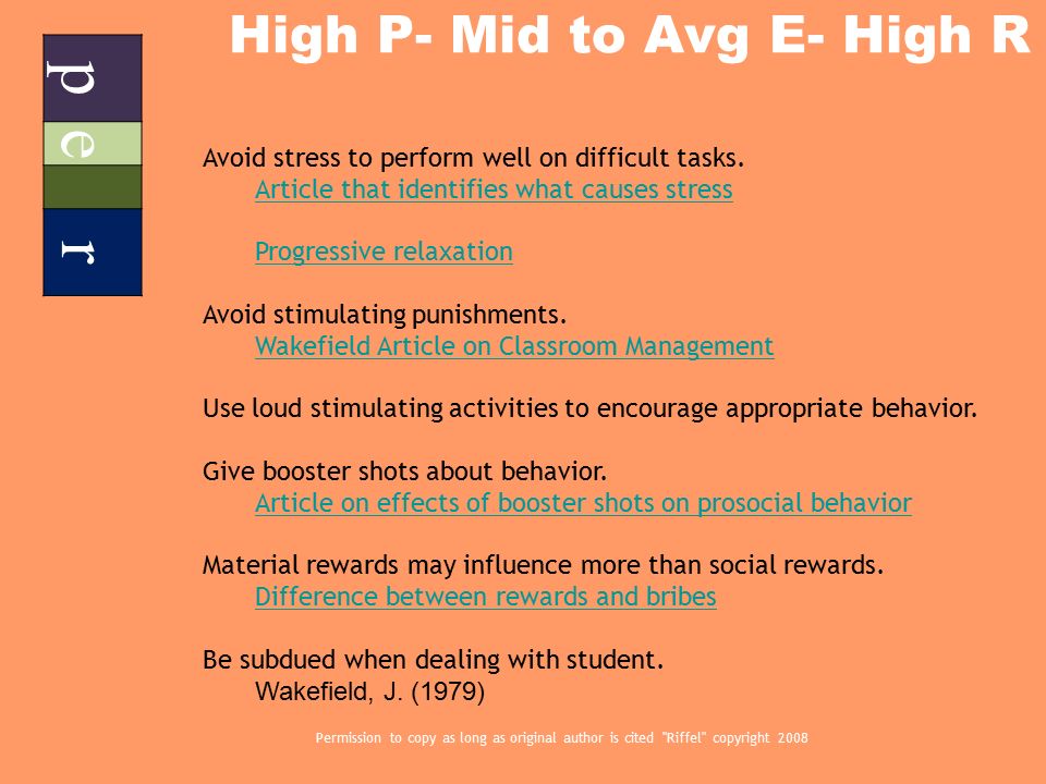 High P- Mid to Avg E- High R p e r Permission to copy as long as original author is cited Riffel copyright 2008 Avoid stress to perform well on difficult tasks.