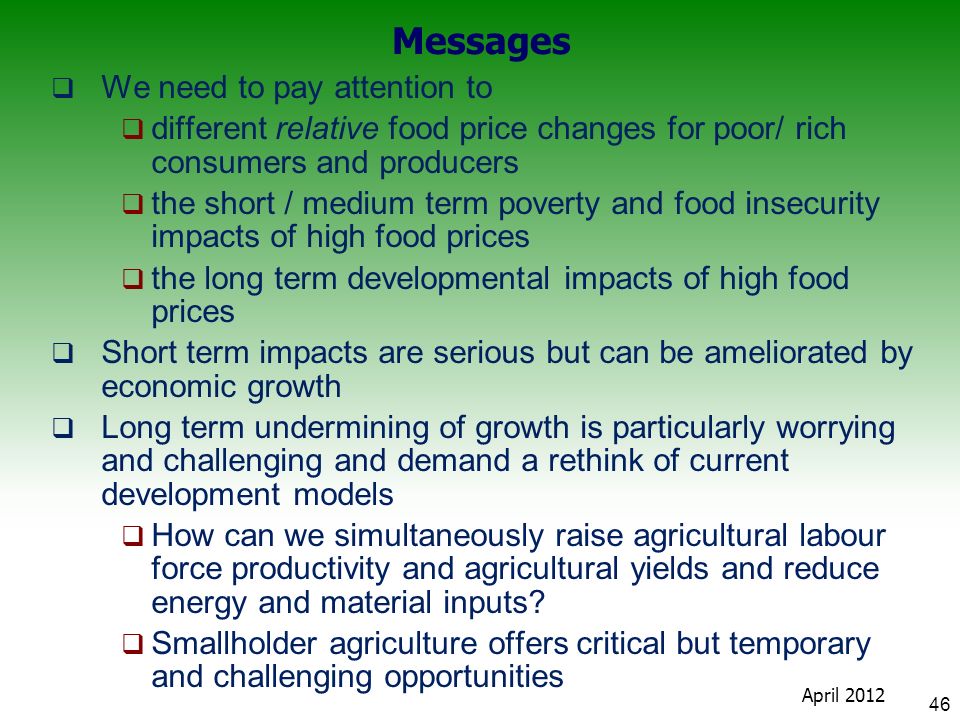 Messages  We need to pay attention to  different relative food price changes for poor/ rich consumers and producers  the short / medium term poverty and food insecurity impacts of high food prices  the long term developmental impacts of high food prices  Short term impacts are serious but can be ameliorated by economic growth  Long term undermining of growth is particularly worrying and challenging and demand a rethink of current development models  How can we simultaneously raise agricultural labour force productivity and agricultural yields and reduce energy and material inputs.