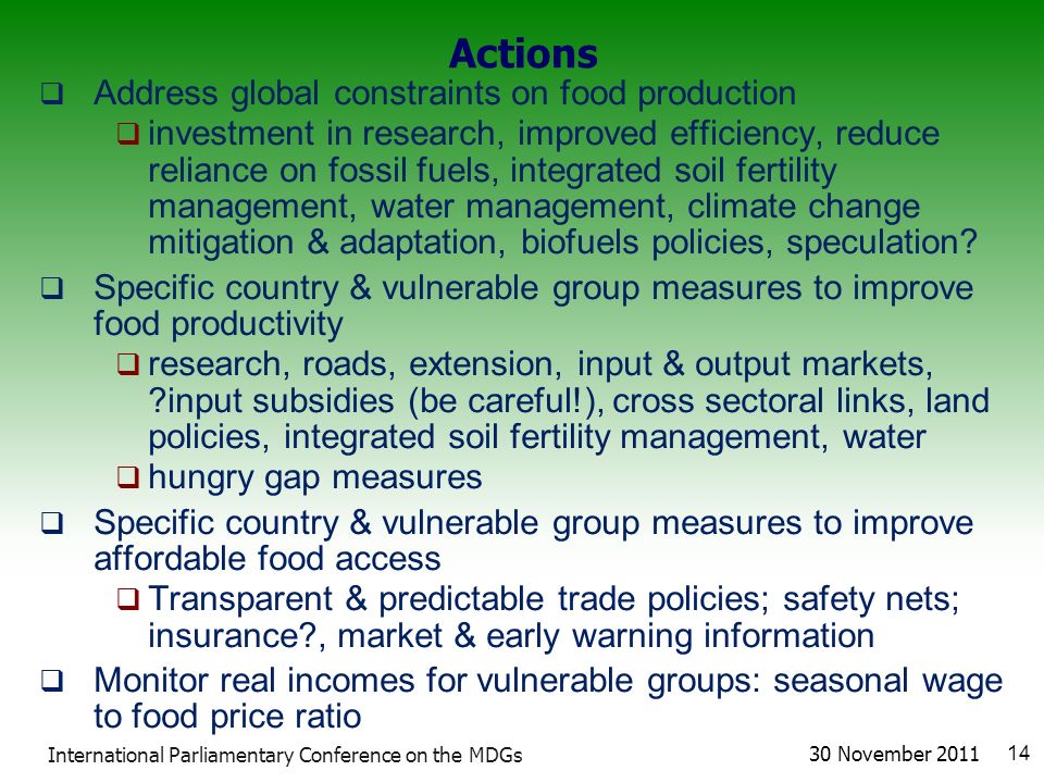 Actions  Address global constraints on food production  investment in research, improved efficiency, reduce reliance on fossil fuels, integrated soil fertility management, water management, climate change mitigation & adaptation, biofuels policies, speculation.