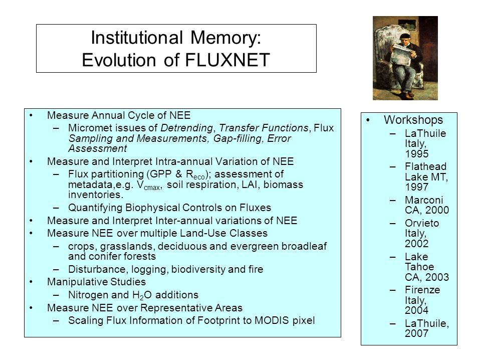 Institutional Memory: Evolution of FLUXNET Measure Annual Cycle of NEE –Micromet issues of Detrending, Transfer Functions, Flux Sampling and Measurements, Gap-filling, Error Assessment Measure and Interpret Intra-annual Variation of NEE –Flux partitioning (GPP & R eco ); assessment of metadata,e.g.