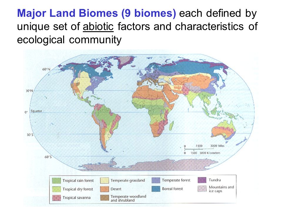 Major Land Biomes (9 biomes) each defined by unique set of abiotic factors and characteristics of ecological community