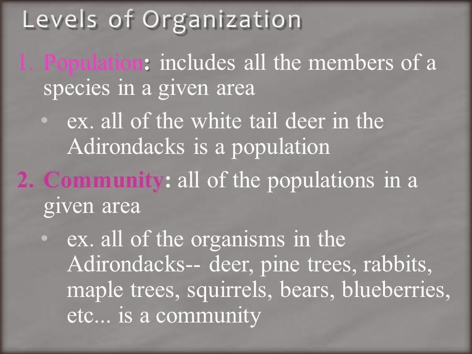 1.: 1.Population: includes all the members of a species in a given area ex.