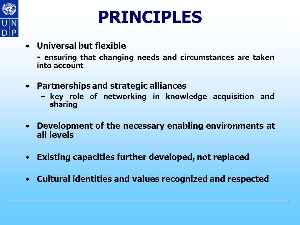 Principles of Capacity 2015 Local and national ownership –Define needs and implement solutions Capacity development as ongoing process of transformation- don’t rush Carefully integrated responses –Urgent short-term poverty concerns –longer-term sustainability issues Civic engagement and sound participatory processes for social, economic, and environmental policies and practices –design, implementation and monitoring