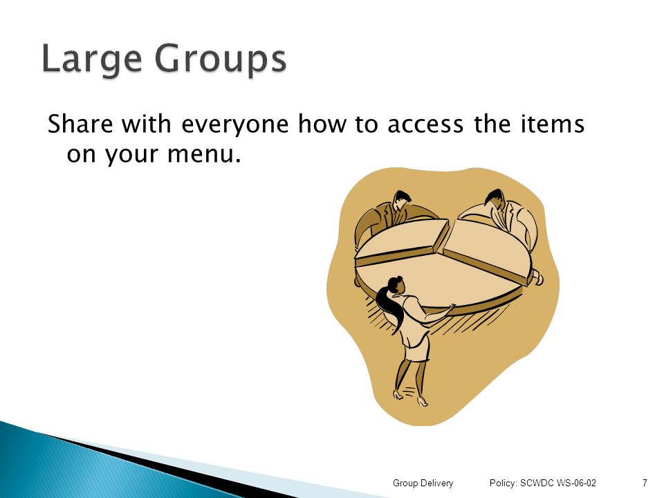 Share with everyone how to access the items on your menu. 7Group Delivery Policy: SCWDC WS-06-02