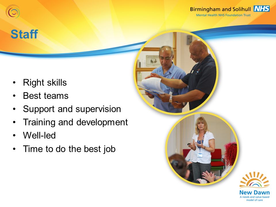 Staff Right skills Best teams Support and supervision Training and development Well-led Time to do the best job
