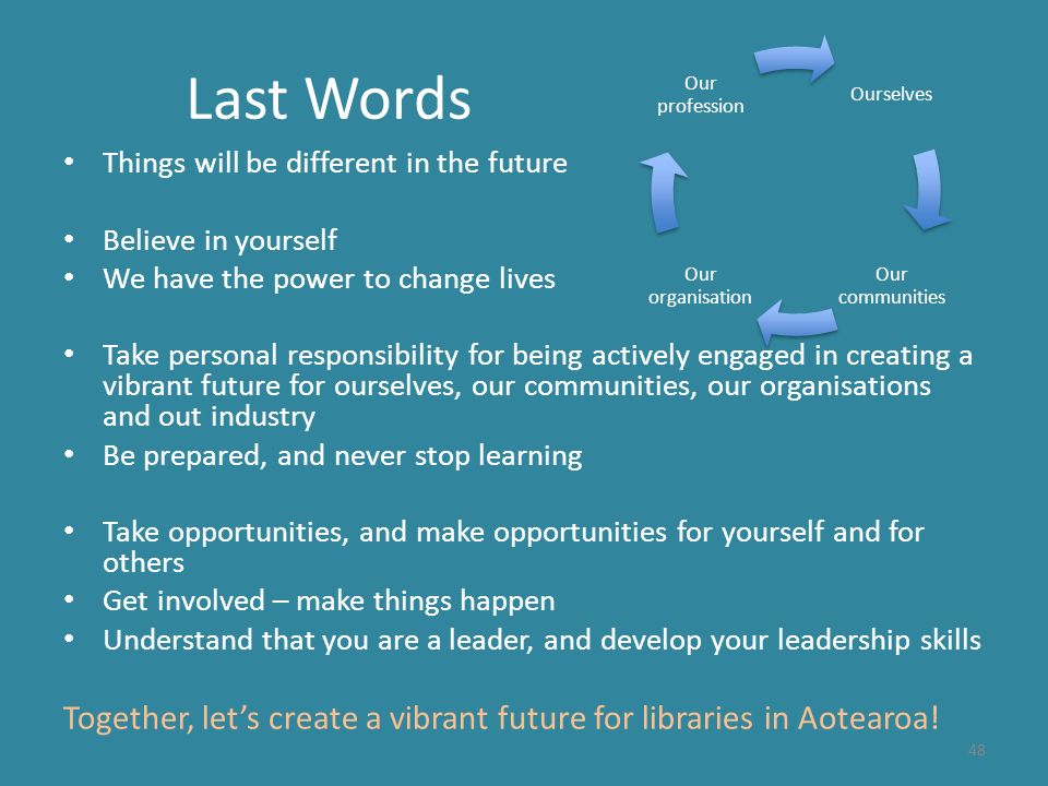 Last Words Things will be different in the future Believe in yourself We have the power to change lives Take personal responsibility for being actively engaged in creating a vibrant future for ourselves, our communities, our organisations and out industry Be prepared, and never stop learning Take opportunities, and make opportunities for yourself and for others Get involved – make things happen Understand that you are a leader, and develop your leadership skills Together, let’s create a vibrant future for libraries in Aotearoa.