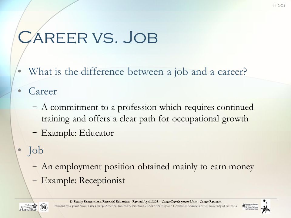 1.1.2.G1 © Family Economics & Financial Education – Revised April 2008 – Career Development Unit – Career Research Funded by a grant from Take Charge America, Inc.