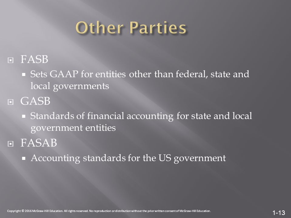 1-13  FASB  Sets GAAP for entities other than federal, state and local governments  GASB  Standards of financial accounting for state and local government entities  FASAB  Accounting standards for the US government Copyright © 2016 McGraw-Hill Education.