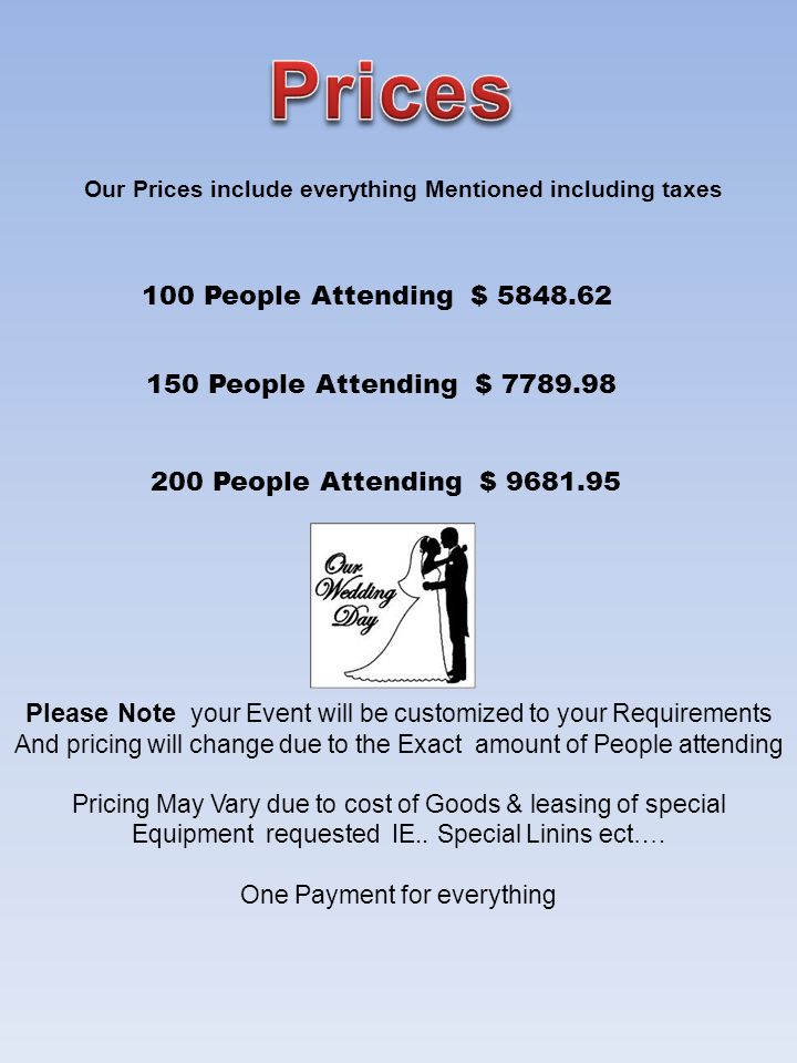 Our Prices include everything Mentioned including taxes 100 People Attending $ People Attending $ People Attending $ Please Note your Event will be customized to your Requirements And pricing will change due to the Exact amount of People attending Pricing May Vary due to cost of Goods & leasing of special Equipment requested IE..