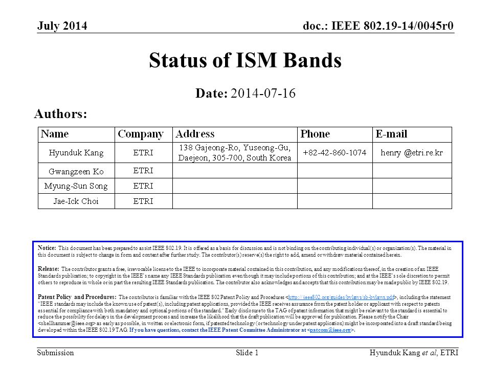 doc.: IEEE /0045r0 Submission July 2014 Hyunduk Kang et al, ETRISlide 1 Status of ISM Bands Notice: This document has been prepared to assist IEEE